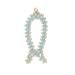 Светло-Голубой Подвески в виде рыбок из стеклянных бус, с открытыми пружинными кольцами из нержавеющей стали 304, реальный 18 k позолоченный, Небесно-голубой, 44x19.5x2 мм, отверстие : 3.4 мм