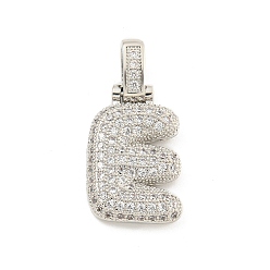 Letter E Латунные микропаве прозрачные подвески с фианитом, без кадмия, без никеля и без свинца, платина, Письмо E, 31x15x5 мм, отверстие : 3x6 мм