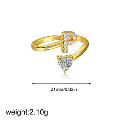 Letter P Латунные кольца-манжеты с микропаве из прозрачных кубических цирконий, сердце, золотые, Письмо P, 21 мм