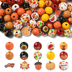 (52) Непрозрачная лаванда 100 шт. 15 стили круглые и цветочные деревянные европейские бусины, разноцветные, 9~20x16~20x5~19.5 мм, отверстие : 2~4.5 мм