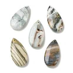 Teardrop Natural Indian Green Line Jasper Pendants, Geometric Charms, Teardrop, 38~40x19.5~20x7~8mm, Hole: 1.5mm