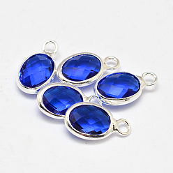 Синий Овальные граненые серебряный тон латунь стекло амулеты, синие, 12x7x3.5 мм, отверстие : 1 мм
