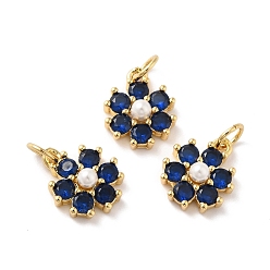 Dark Blue Rack Plating Brass Micro Pave Cubic Zirconia Charms, with Pearl, Cadmium Free & Lead Free, Real 18K Gold Plated, Flower, Dark Blue, 12.5x10.5x4mm, Hole: 3.6mm