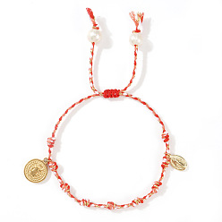 Красный Религия латунные плоские круглые и овальные браслеты с подвесками, регулируемые плетеные браслеты из волокон для мужчин и женщин, красные, 7-7/8 дюйм (20 см), внутренний диаметр: 11 дюйм (28 см)