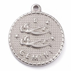 Gemini 304 Stainless Steel Pendants, Flat Round with Constellation, Gemini, 29x26x3mm, Hole: 2mm