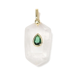 Quartz Crystal Natural Quartz Crystal Pendants, Rock Crystal Faceted Hexagon Charms with Brass Micro Pave Cubic Zirconia Findings, Golden, 32.5x14.5x9mm, Hole: 4.5x6.5mm