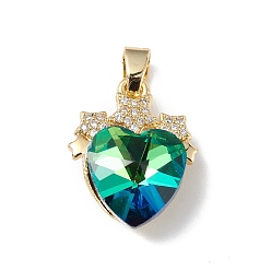 Verdemar Claro Colgantes de circonita cúbica transparente micro pavé de latón chapado en oro real 18k, con vidrio, larga duración plateado, sin plomo y cadmio, encanto de corazón con estrella, verde mar claro, 19.5x15.5x8 mm, agujero: 6x3 mm