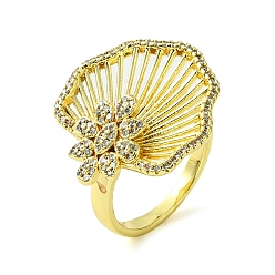 Real 16K Gold Plated Brass Micro Pave Cubic Zirconia Open Cuff Rings, Cadmium Free & Lead Free, Hollow Shell Shape, Real 16K Gold Plated, US Size 7 1/4(17.5mm)
