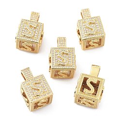 Letter S Кулоны из латуни с микропейвом и прозрачным фианитом, реальный 18 k позолоченный, куб с письмом, letter.s, 26x17x17 мм, отверстие : 5x8 мм