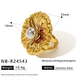 Золотой 304 Открытые кольца-манжеты из нержавеющей стали с имитацией жемчуга для женщин, цветок, золотые, размер США 4 1/4 (15 мм)
