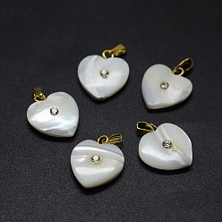 Golden Shell Pendants, with Brass Findings and Rhinestone, Heart, Crystal, Golden, 18~19x15x3~5mm, Hole: 2x5mm