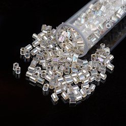 Clear 11/0 Two Cut Round Hole Glass Seed Beads, Hexagon, Silver Lined, Rainbow Plated, Clear, 2x2mm, Hole: 0.5mm, about 41000pcs/pound