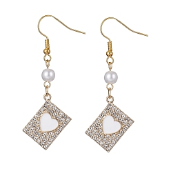White Alloy Crystal Rhinestone Rectangle with Heart Dangle Earrings, Imitated Pearl Acrylic Beaded Drop Earrings with Enamel, White, 47~55x18mm