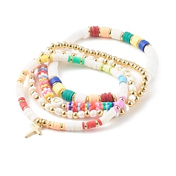 Mixed Color Stackable Bracelets, Stretch Beaded Bracelets Sets, with Polymer Clay Beads, Brass Beads and Cross Charms, Golden, Mixed Color, Inner Diameter: 2-1/4 inch(5.6cm), 4pcs/set