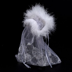 Белый Сумочки из органзы , с кулиской и пером, ювелирные сумки, на свадьбу конфетные мешки, прямоугольные, белые, 17.5x12.5x0.07 см