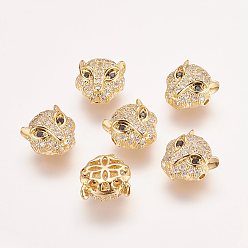 Golden Brass Micro Pave Cubic Zirconia Leopard Beads, Golden, 11.5x11.5x7mm, Hole: 1mm