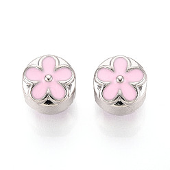 Платина Эмали сплава Европейский бисером, плоские круглые с цветком, бусины с большим отверстием, без свинца, без никеля и без кадмия, стойки покрытие, платина, 10x9 мм, отверстие : 4.5 мм