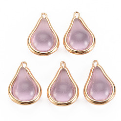 Pearl Pink Transparent Glass Pendants, with Brass Findings, Teardrop, Light Gold, Pearl Pink, 19x12x8mm, Hole: 1mm