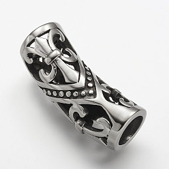 Antique Silver 304 Stainless Steel Hollow Tube Beads, Fleur De Lis, Antique Silver, 35.5x12.5mm, Hole: 9mm