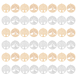 Platinum & Light Gold 40шт 4 стили стойка покрытие латунные филигранные подвески, долговечный, плоская круглая с подвеской дерево жизни, платина и светлое золото, 32x30x0.4 мм, отверстие : 1.1~1.2 мм, 10 шт / стиль