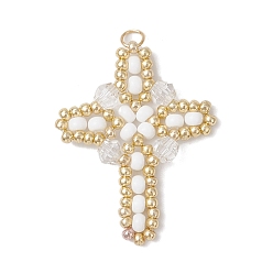 Белый Подвески-кресты из стеклянного бисера, со стеклянными и 304 нержавеющими кольцами для прыжков, реальный 18 k позолоченный, белые, 32.5x26x4.5 мм, отверстие : 3 мм