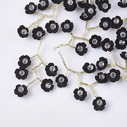 Black Acrylic Big Pendants, with Clear Glass Beads and Golden Plated Brass Wires, Flower, Black, 55~60x30~35mm, Hole: 2mm