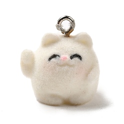 Белый Кулоны из флокированной смолы, кошка, с железной платиной петлей, белые, 17x16x15 мм, отверстие : 1.8 мм