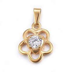Doré  Pendentifs en acier inoxydable, avec zircons, fleur, clair, or, 304mm, Trou: 16x13.5x4mm