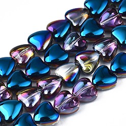 со Синим Покрытием Стеклянные бусины с гальваническим покрытием , с половиным покрытием, сердце, с покрытием синим, 7~8x8x4.5 мм, отверстие : 0.8 мм, около 84~87 шт / нитка, 24.41 дюйм ~ 25.43 дюйм (62~64.6 см)