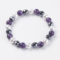 Amethyst Synthetic Hematite Beads Stretch Bracelets, with Natural Amethyst and Shell Beads, 2-1/4 inch(57mm)