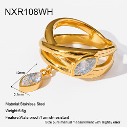 Clear 304 Stainless Steel Pave Cubic Zirconia Finger Rings, Horse Eye, Golden, Clear, US Size 7(17.3mm)