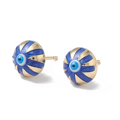Blue Enamel Half Round with Evil Eye Stud Earrings, Real 18K Gold Plated Brass Jewelry for Women, Blue, 6x10x6mm, Pin: 1mm