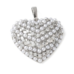 Платина Латунные микро проложить кубического циркония подвески, сердце прелести, с abs имитационными жемчужными бусинами , стойки покрытие, долговечный, платина, 22x25x7 мм, отверстие : 5x3 мм