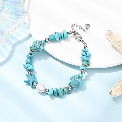 Синтетическая Бирюза Браслеты из синтетической бирюзовой крошки для женщин, с ракушкой и жемчужиной, 7-1/2 дюйм (19 см)