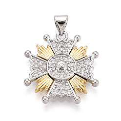 Cross Латунные микропаве прозрачные подвески с фианитом, реальный 18 k позолоченный, крестик, 22.5x21.5x3.5 мм, отверстие : 3x5 мм