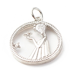 Платина Латунные микропаве прозрачные подвески с фианитом, без кадмия и без свинца, плоские круглые с девушкой, платина, 22x17x3 мм, отверстие : 3.5 мм