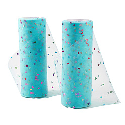 Dark Turquoise Heart Glitter Sequin Deco Mesh Ribbons, Tulle Fabric, Tulle Roll Spool Fabric For Skirt Making, Dark Turquoise, 6 inch(15cm), about 10yards/roll(9.144m/roll)