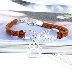 Седло Коричневый Браслеты с подвесками в виде бесконечности, отпечатка лапы и слова «любовь» из сплава с замшевым шнуром, платина, седло коричневый, 6-3/4 дюйм (17 см)