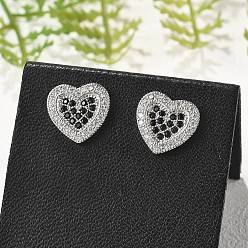 Сердце Серьги-гвоздики из латуни с микропаве из кубического циркония для женщин, без кадмия и без свинца, долговечный, стойки покрытие, платина, сердце, 10x10.5 мм