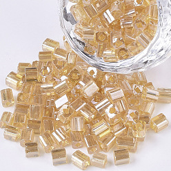 BurlyWood 6/0 Glass Seed Beads, Transparent Colours Luster, Square Hole, Cube, BurlyWood, 6/0, 3~5x3~4x3~4mm, Hole: 1.2~1.4mm, about 4500pcs/bag