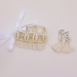 Желтая Старая Ткань  Комплекты серег и ожерелий из полиэстера с кисточками и пластиковыми бусинами для женщин, формы раковины, старое кружево, 500 мм