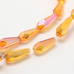 Dark Orange Faceted Rainbow Plated Teardrop Electroplated Glass Beads Strands, Dark Orange, 10x4mm, Hole: 1mm, about 60pcs/strand, 23.6 inch