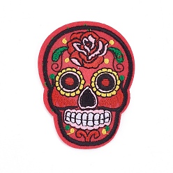 Red Computerized Embroidery Cloth Iron On Patches, Costume Accessories, Appliques, Sugar Skull, For Mexico Holiday Day of the Dead, Red, 72.2x53x1.9mm