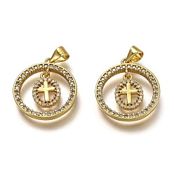 Real 18K Gold Plated Brass Micro Pave Clear Cubic Zirconia Pendants, Long-Lasting Plated, Flat Round with Cross, Real 18K Gold Plated, 21x19x2.5mm, Hole: 4x3.5mm