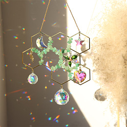 Зеленый Авантюрин Подвеска из натурального зеленого авантюрина, сотовые подвесные ловцы солнца, украшение дома, с латунной фурнитурой и стеклянным круглым шармом, золотые, 200x140 мм