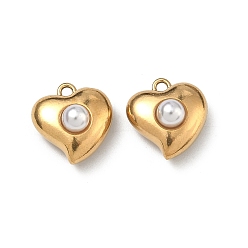 Золотой 304 подвески из нержавеющей стали, шарма сердца, с абс пластмассовыми жемчужными бисером, ионное покрытие (ip), долговечный, золотые, 12.5x12x7 мм, отверстие : 1.4 мм