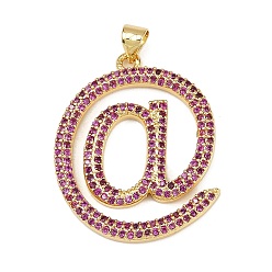 Ярко-Розовый Латунные микро проложить кубического циркония подвески, @ форма, без кадмия и без свинца, стойки покрытие, долговечный, реальный 18 k позолоченный, ярко-розовый, 30x24x3 мм, отверстие : 3.5x3 мм