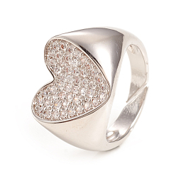 Платина Регулируемые латунные кольца микро манжеты из прозрачного циркония, открытые кольца, сердце, платина, Размер 7, внутренний диаметр: 17 мм