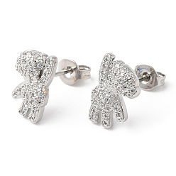 Платина Прозрачные серьги-гвоздики с кубическим цирконием в виде медведя, ювелирные изделия из латуни с покрытием стойки, без свинца и без кадмия, платина, 12x7 мм, штифты : 0.8 мм