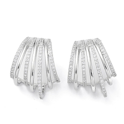 Платина Серьги-гвоздики с полым веером, покрытые латунью, кубическим цирконием, для женщин, долговечный, без свинца и без кадмия, платина, 16.5x26x21 мм, штифты : 0.8 мм